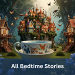 A whimsical tea cup with butterfly and cat designs sits in front of a magical village with tiny fairy-tale houses and glowing lights.