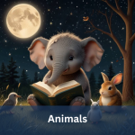 A baby elephant reading a book under the moonlight, surrounded by a bunny, birds, and a squirrel in a magical forest.