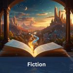 An open book glowing with magical light, with fantasy landscapes and sci-fi cities emerging from its pages.