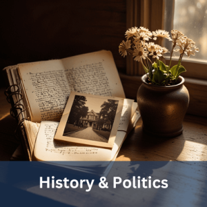 An antique journal with handwritten notes and old photographs resting on a wooden desk.