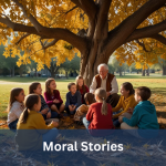 An elderly storyteller sits under a golden tree, surrounded by smiling children, sharing timeless wisdom.