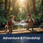 Two young explorers in safari outfits reach out to each other while crossing a wooden bridge in a lush forest.